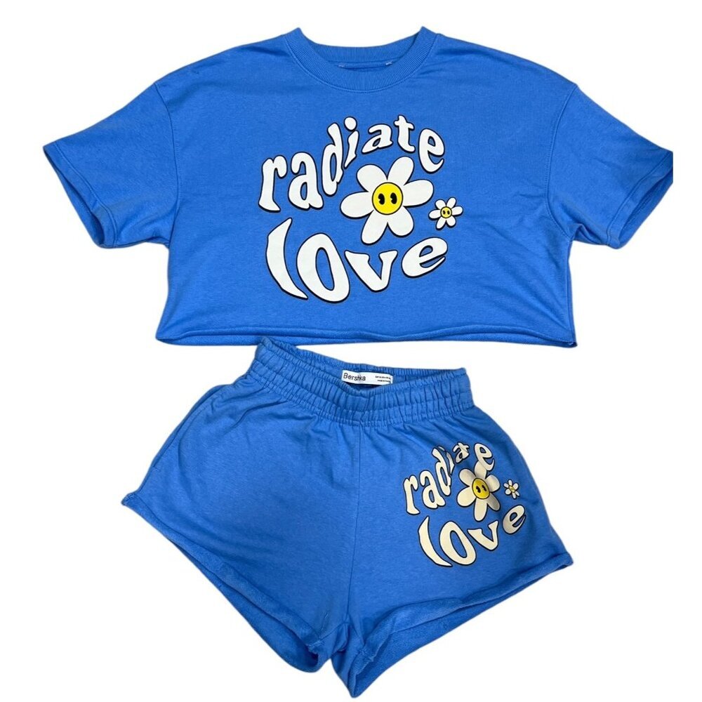 Bershka Crop Top Shorts Set Blue‎ Radiant Love Print Size Small